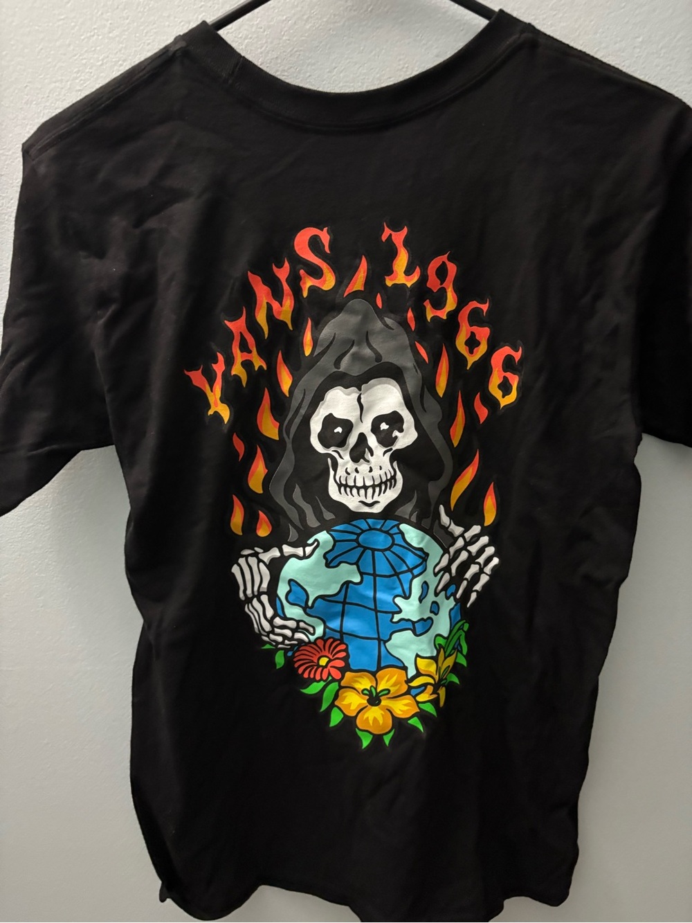 Vans Black Graphic Tee with Multicolor Skull and Flame Artwork